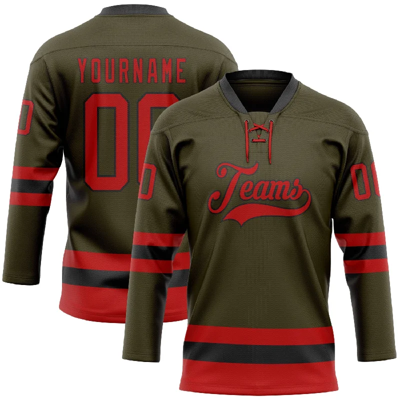 Durable hockey jerseys for rough gameplay-Custom Olive Red-Black Salute To Service Hockey Lace Neck Jersey