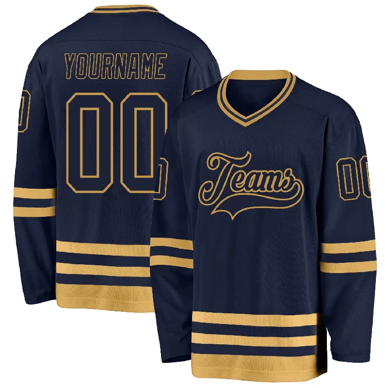 Lightweight polyester hockey jerseys for games-Custom Navy Old Gold Hockey Jersey