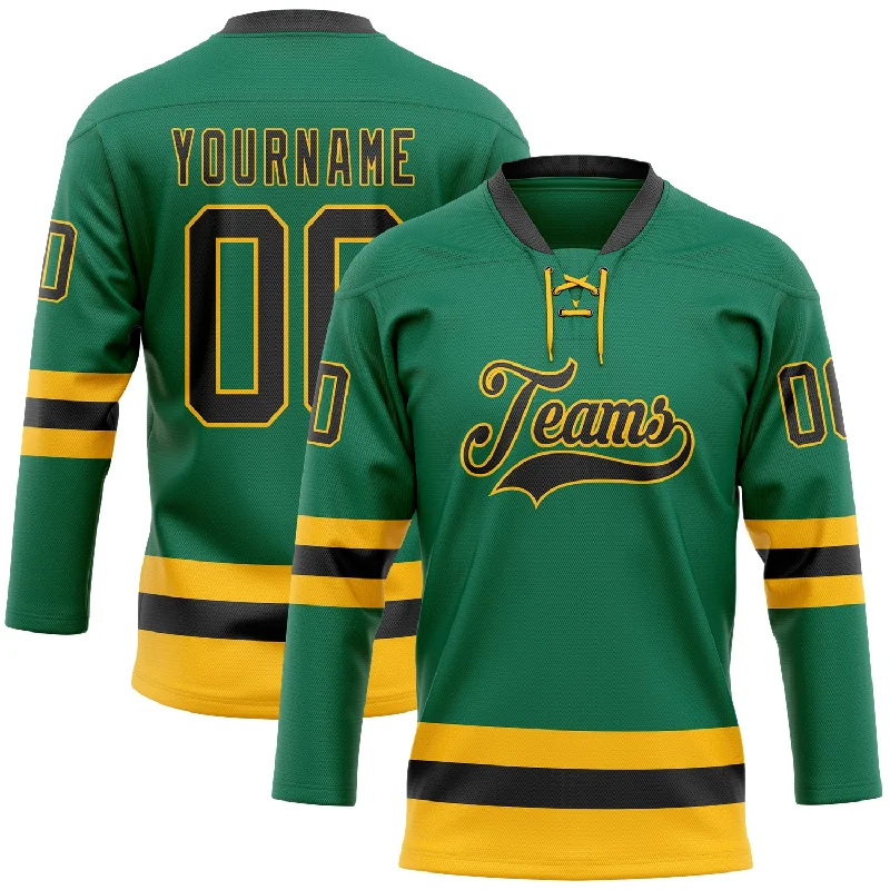 Customized jersey for hockey team events-Custom Kelly Green Black-Gold Hockey Lace Neck Jersey