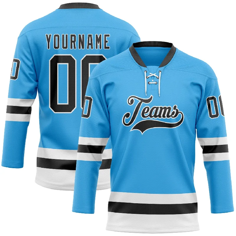 Affordable custom hockey jerseys for budget teams-Custom Sky Blue Black-White Hockey Lace Neck Jersey