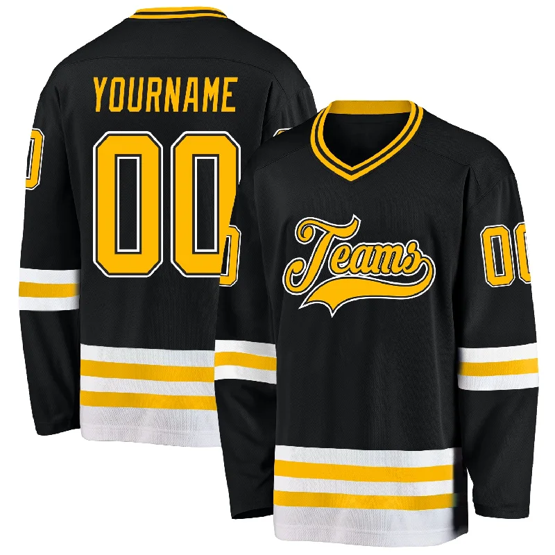 Custom color-blocked hockey jerseys for style-Custom Black Gold-White Hockey Jersey