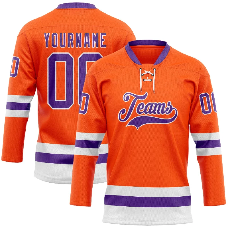 Ultra-light hockey jersey for speed on ice-Custom Orange Purple-White Hockey Lace Neck Jersey