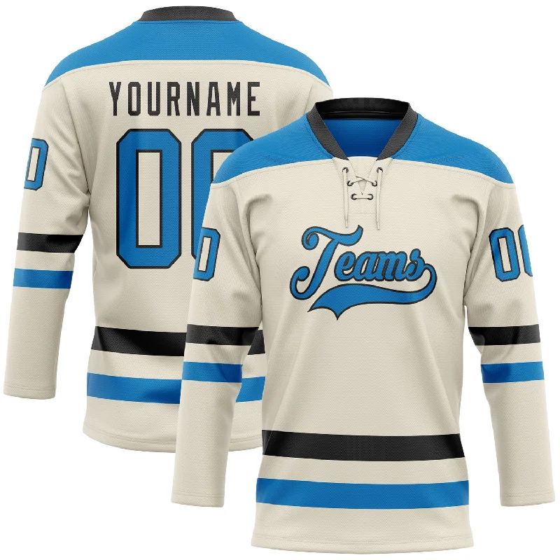 Youth-sized hockey jerseys for beginners-Custom Cream Blue-Black Hockey Lace Neck Jersey