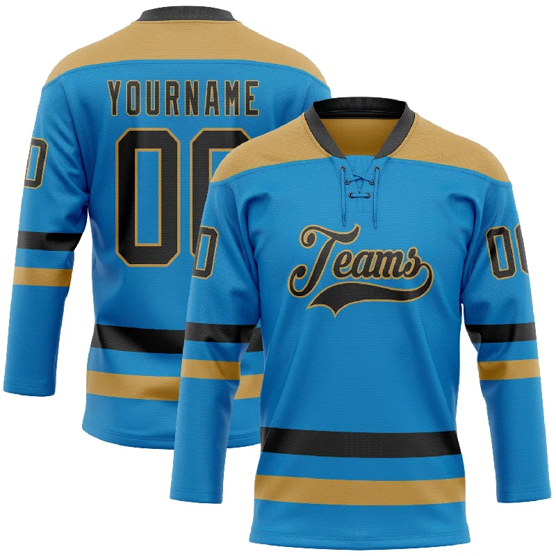 High-performance hockey jerseys for training-Custom Blue Black-Old Gold Hockey Lace Neck Jersey