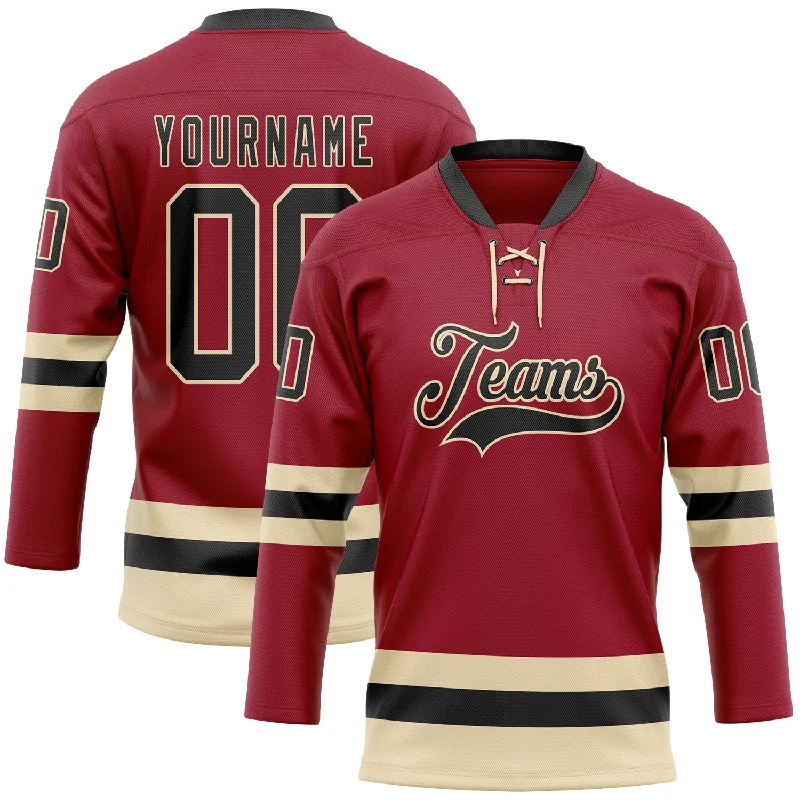 Custom logo hockey jerseys for tournaments-Custom Maroon Black-Cream Hockey Lace Neck Jersey