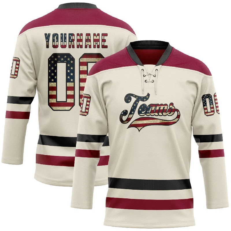 Authentic replica hockey jerseys for fans-Custom Cream Vintage USA Flag Black-Maroon Hockey Lace Neck Jersey