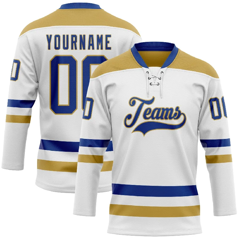 Custom-designed youth hockey jerseys-Custom White Royal-Old Gold Hockey Lace Neck Jersey