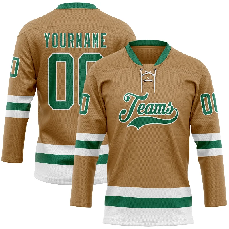 Adult hockey jerseys for casual wear-Custom Old Gold Kelly Green-White Hockey Lace Neck Jersey