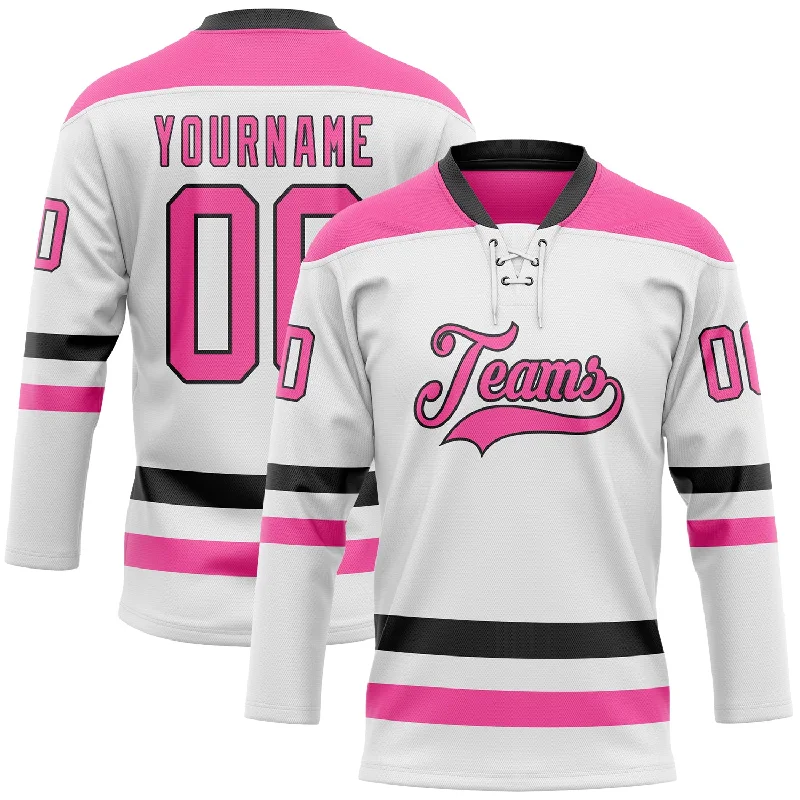 Customized jersey for hockey team events-Custom White Pink-Black Hockey Lace Neck Jersey