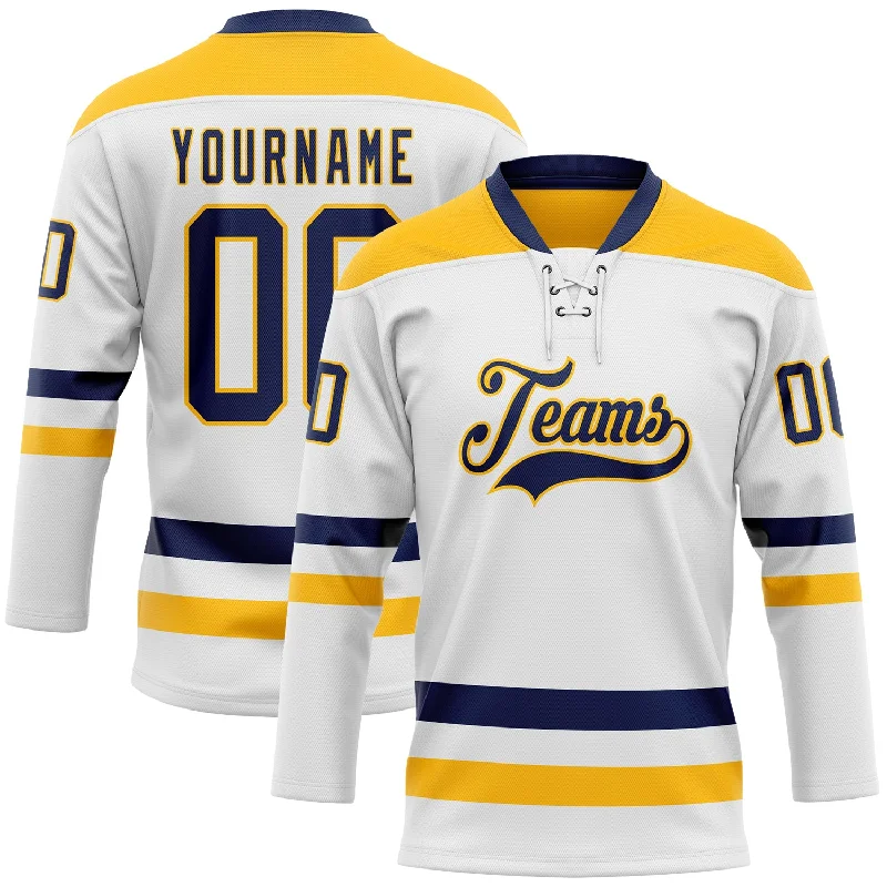 Training hockey jerseys for off-season play-Custom White Navy-Gold Hockey Lace Neck Jersey