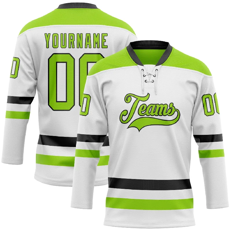 Stylish hockey jerseys for fashion-forward fans-Custom White Neon Green-Black Hockey Lace Neck Jersey