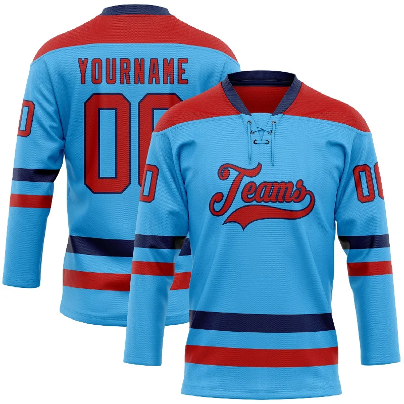 Designer hockey jerseys for luxury fans-Custom Sky Blue Red-Navy Hockey Lace Neck Jersey