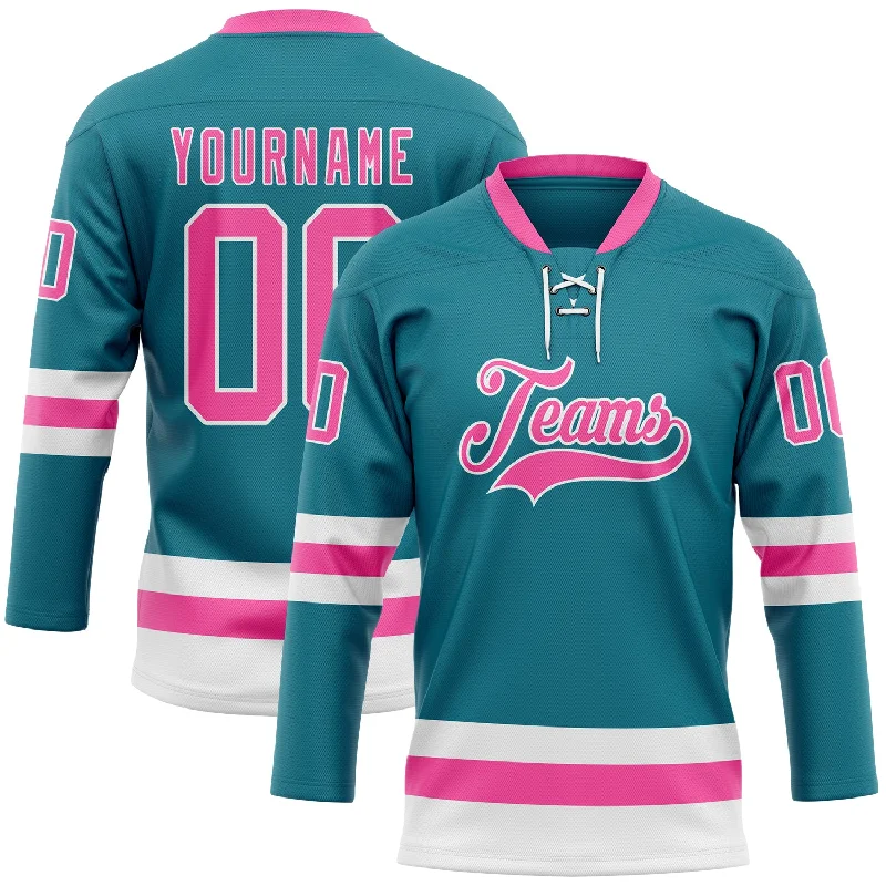 Lightweight polyester hockey jerseys for games-Custom Teal Pink-White Hockey Lace Neck Jersey