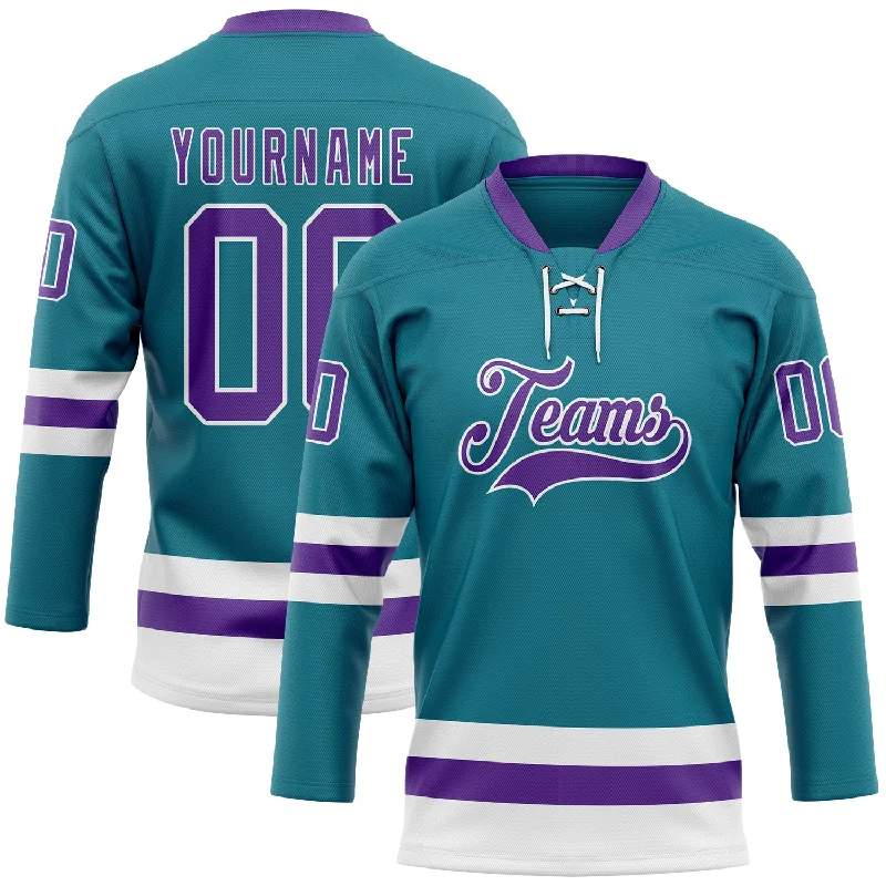 Custom-designed youth hockey jerseys-Custom Teal Purple-White Hockey Lace Neck Jersey