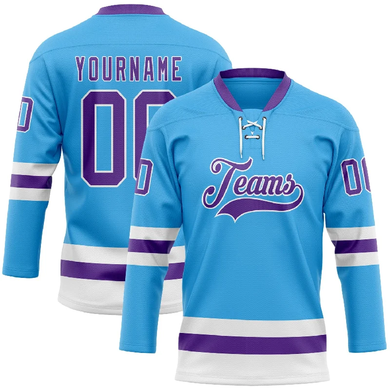 Youth hockey jerseys with official team logo-Custom Sky Blue Purple-White Hockey Lace Neck Jersey