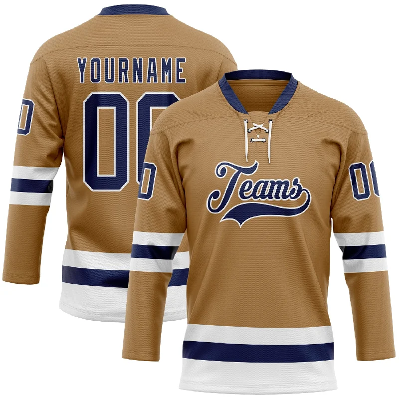 Vintage retro hockey jerseys for sale-Custom Old Gold Navy-White Hockey Lace Neck Jersey