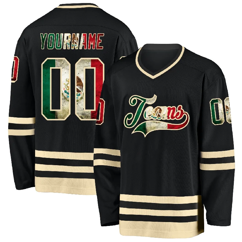 Printed team logo hockey jerseys for support-Custom Black Vintage Mexican Flag-Cream Hockey Jersey