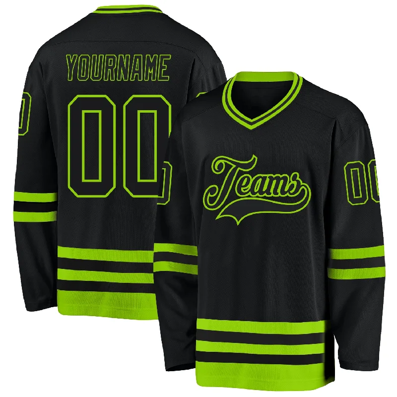 Lightweight mesh hockey jerseys for tournaments-Custom Black Neon Green Hockey Jersey