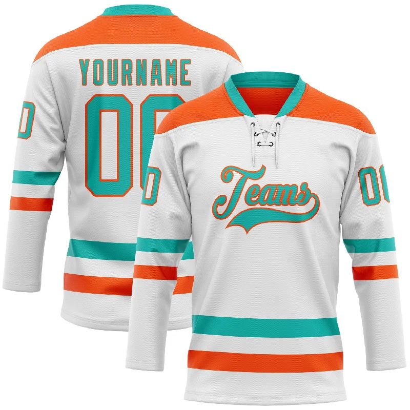 Hockey jerseys for indoor league play-Custom White Aqua-Orange Hockey Lace Neck Jersey