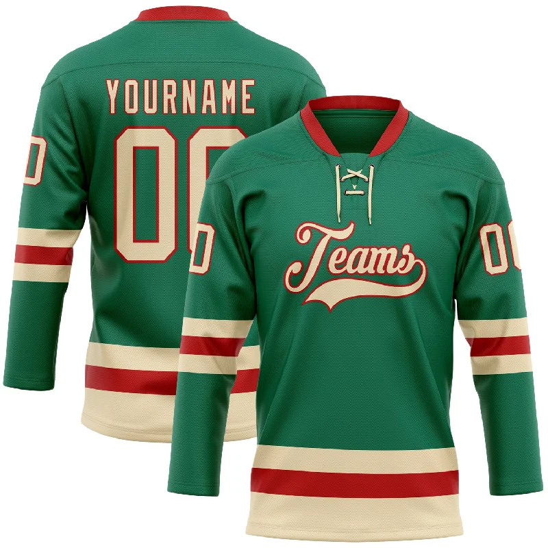 Hockey jerseys with multiple sponsor spots-Custom Kelly Green Cream-Red Hockey Lace Neck Jersey