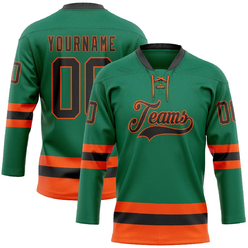 Fast-dry hockey jersey for players’ comfort-Custom Kelly Green Black-Orange Hockey Lace Neck Jersey