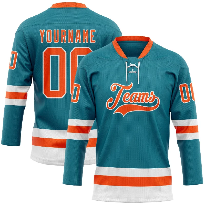 Premium custom hockey jerseys for clubs-Custom Teal Orange-White Hockey Lace Neck Jersey