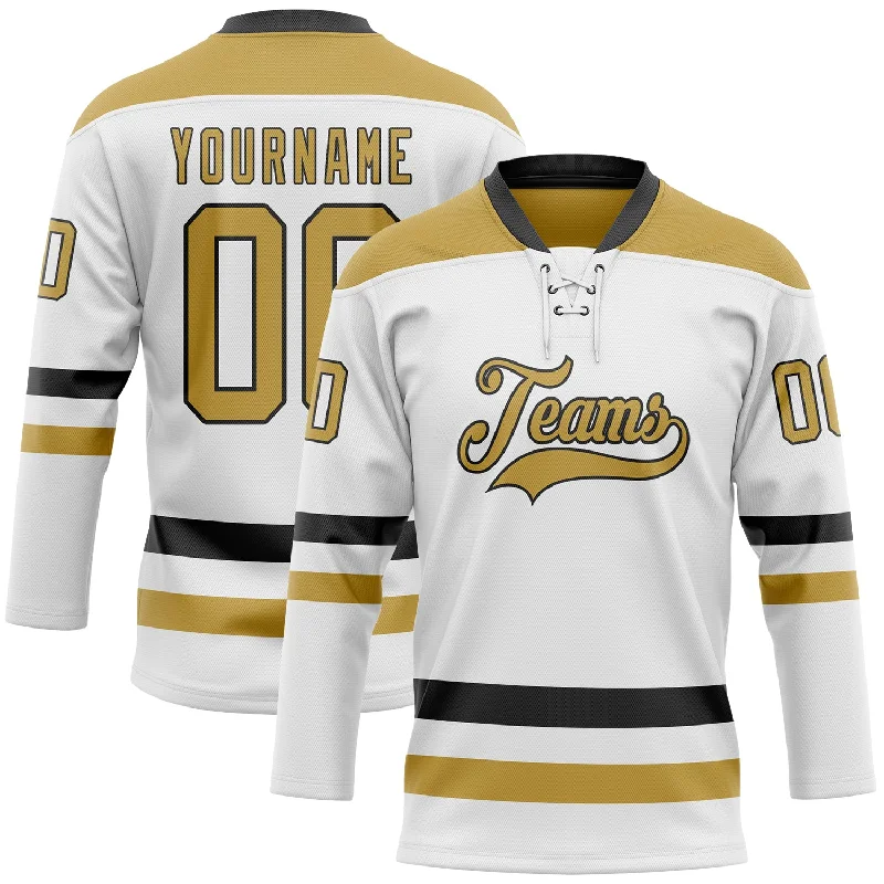 Fast-dry hockey jersey for players’ comfort-Custom White Old Gold-Black Hockey Lace Neck Jersey