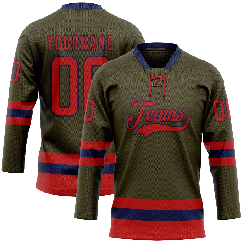 Custom-made hockey jerseys for high school teams-Custom Olive Red-Navy Salute To Service Hockey Lace Neck Jersey