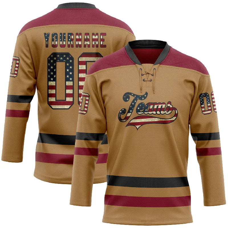 Custom embroidered hockey jerseys-Custom Old Gold Vintage USA Flag Black-Crimson Hockey Lace Neck Jersey