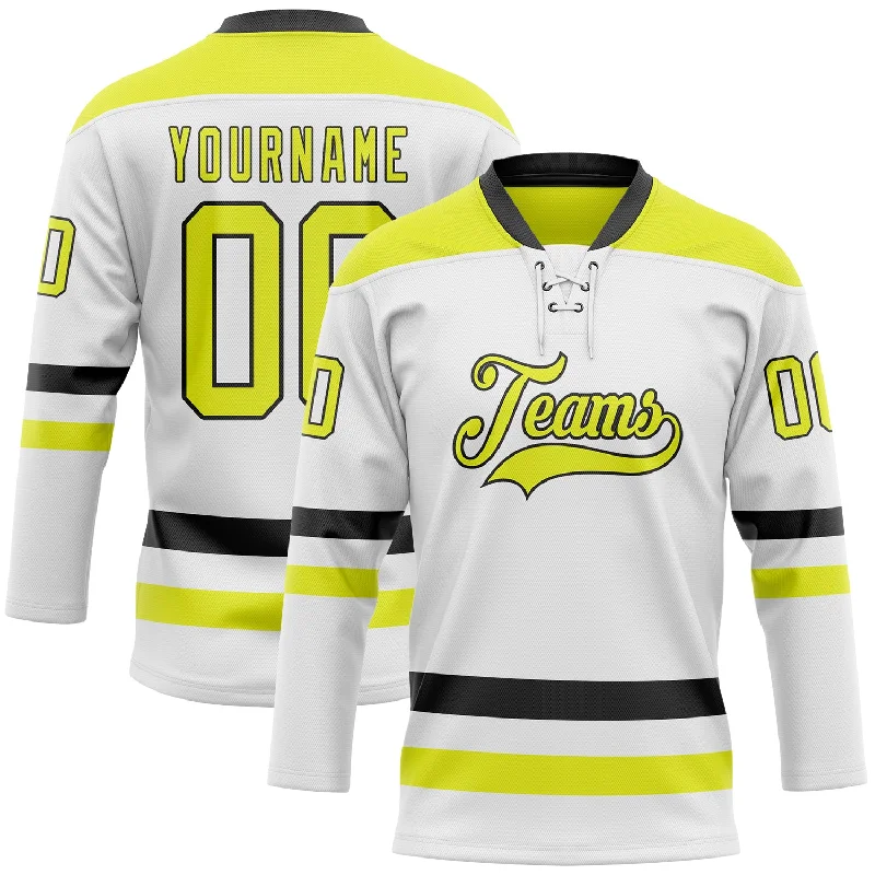 Hockey jersey with team crest for supporters-Custom White Neon Yellow-Black Hockey Lace Neck Jersey