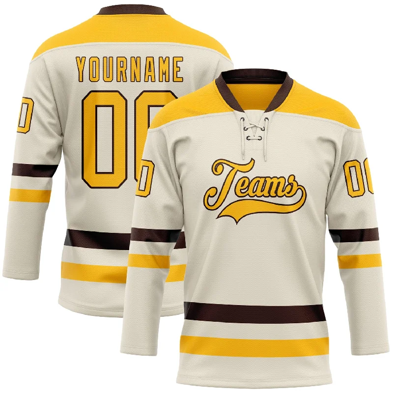 Vintage retro hockey jerseys for sale-Custom Cream Gold-Brown Hockey Lace Neck Jersey