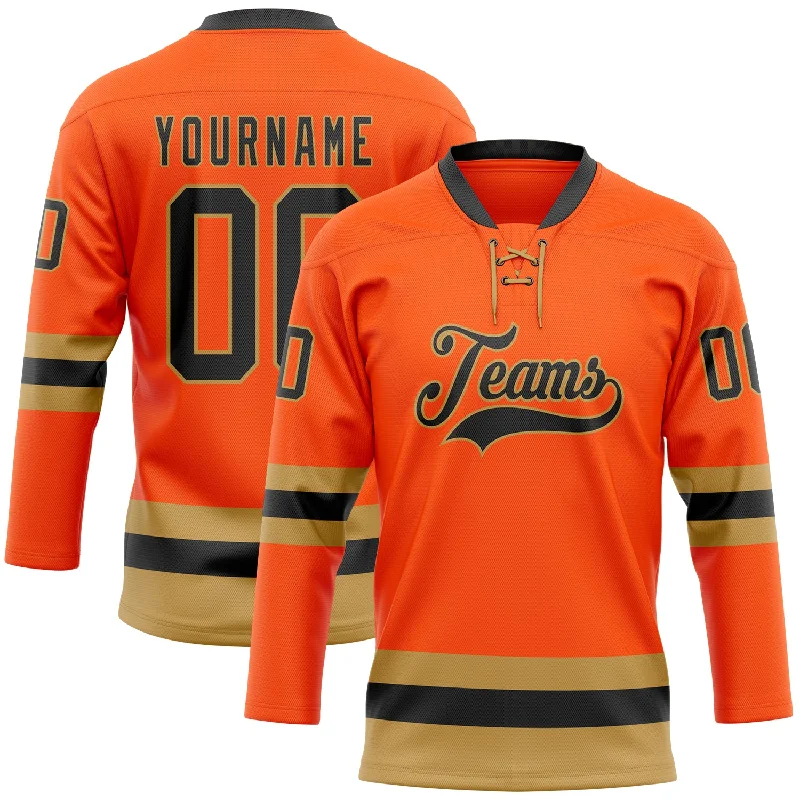 Team hockey jerseys with contrasting designs-Custom Orange Black-Old Gold Hockey Lace Neck Jersey