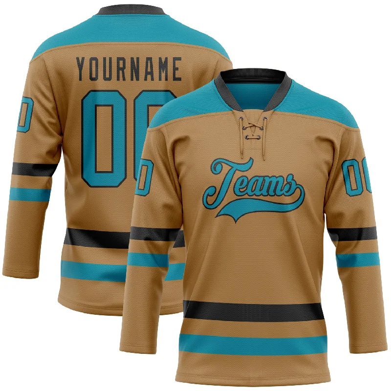 Women’s hockey jersey with team logos-Custom Old Gold Teal-Black Hockey Lace Neck Jersey