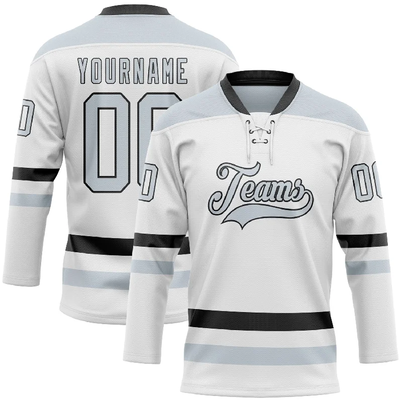 High-quality hockey jerseys for local teams-Custom White Silver-Black Hockey Lace Neck Jersey