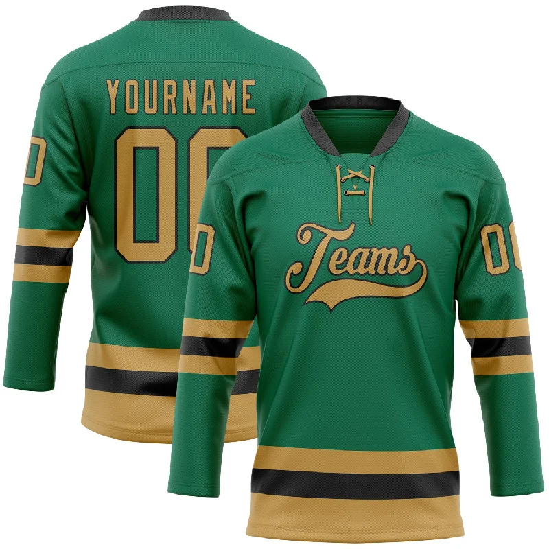 Heat-press hockey jersey with vibrant designs-Custom Kelly Green Old Gold-Black Hockey Lace Neck Jersey