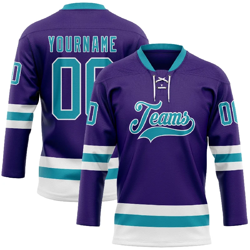 Custom embroidered hockey jerseys-Custom Purple Teal-White Hockey Lace Neck Jersey