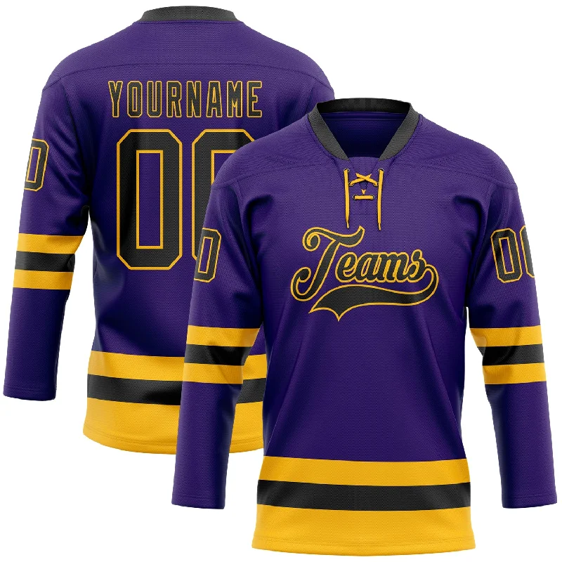 Women’s hockey jersey with team logos-Custom Purple Black-Gold Hockey Lace Neck Jersey