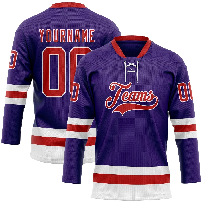 Custom team hockey jerseys with logos-Custom Purple Red-White Hockey Lace Neck Jersey