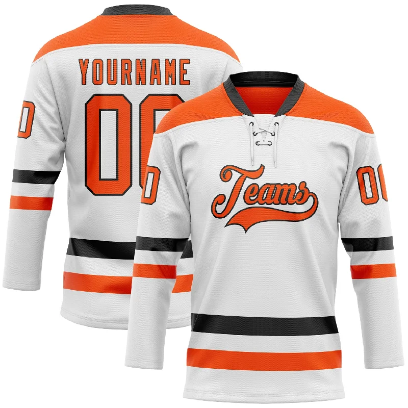 Professional-grade hockey jersey for athletes-Custom White Orange-Black Hockey Lace Neck Jersey