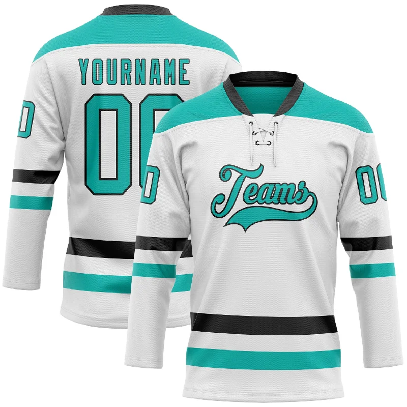 Official NHL jersey for fan merchandise-Custom White Aqua-Black Hockey Lace Neck Jersey