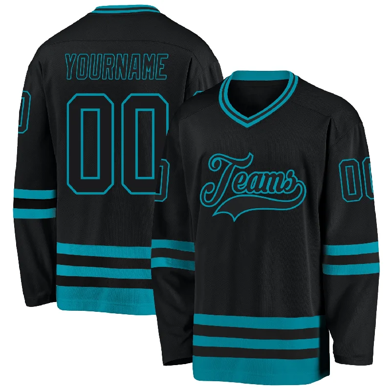 Team hockey jersey with mascot design-Custom Black Teal Hockey Jersey