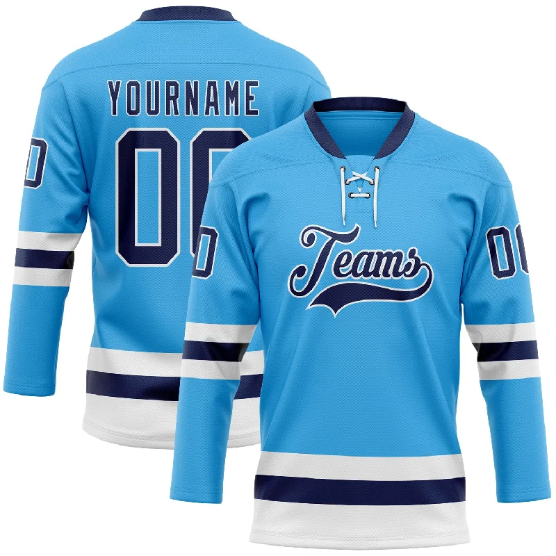 Custom-made fan hockey jersey for gifting-Custom Sky Blue Navy-White Hockey Lace Neck Jersey