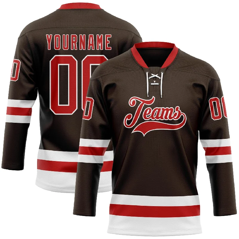 Ultra-light hockey jersey for speed on ice-Custom Brown Red-White Hockey Lace Neck Jersey