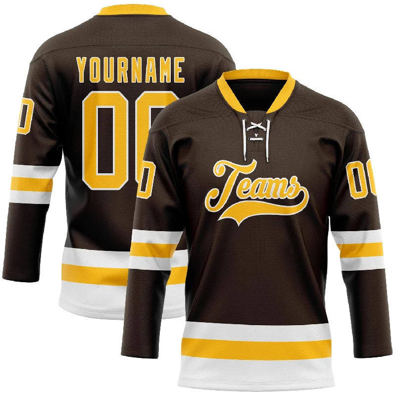 Embroidered name hockey jersey for personalization-Custom Brown Gold-White Hockey Lace Neck Jersey