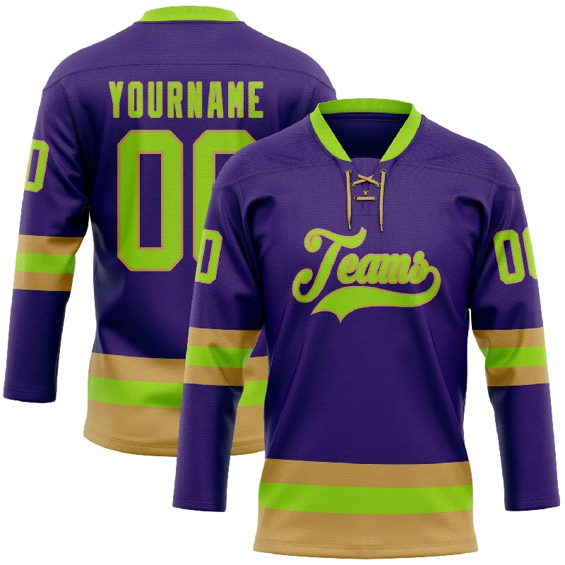 Custom hockey jersey with sponsor branding-Custom Purple Neon Green-Old Gold Hockey Lace Neck Jersey