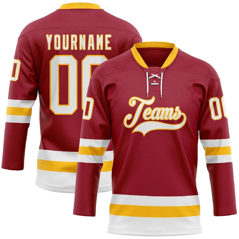 Youth team hockey jerseys for practice-Custom Maroon White-Gold Hockey Lace Neck Jersey