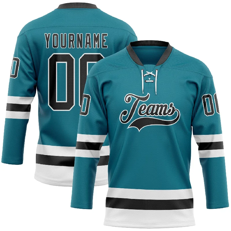 Training hockey jerseys for off-season play-Custom Teal Black-White Hockey Lace Neck Jersey