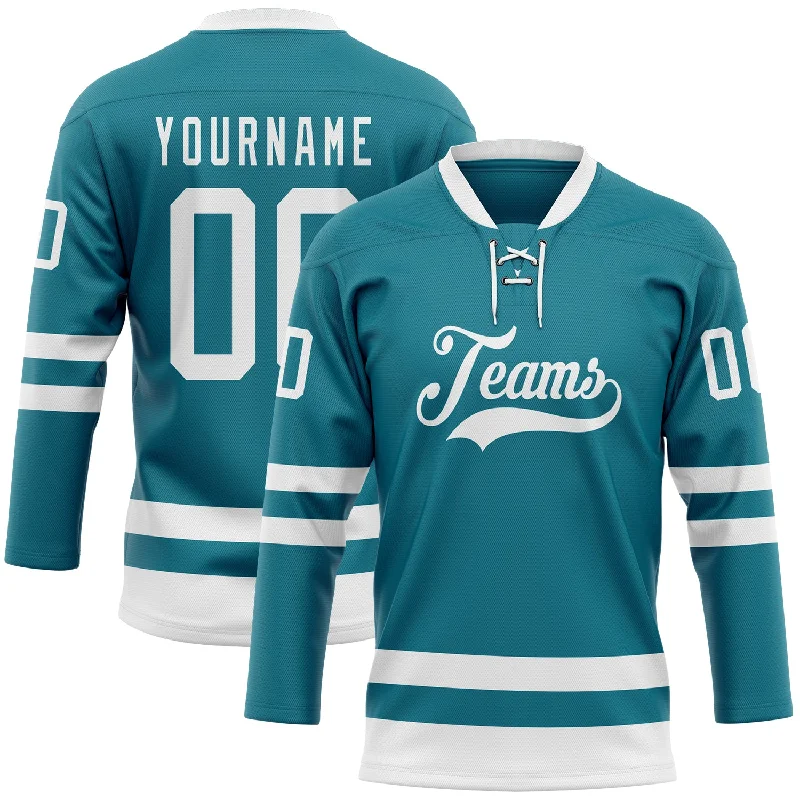 Hockey jersey with team crest for supporters-Custom Teal White Hockey Lace Neck Jersey