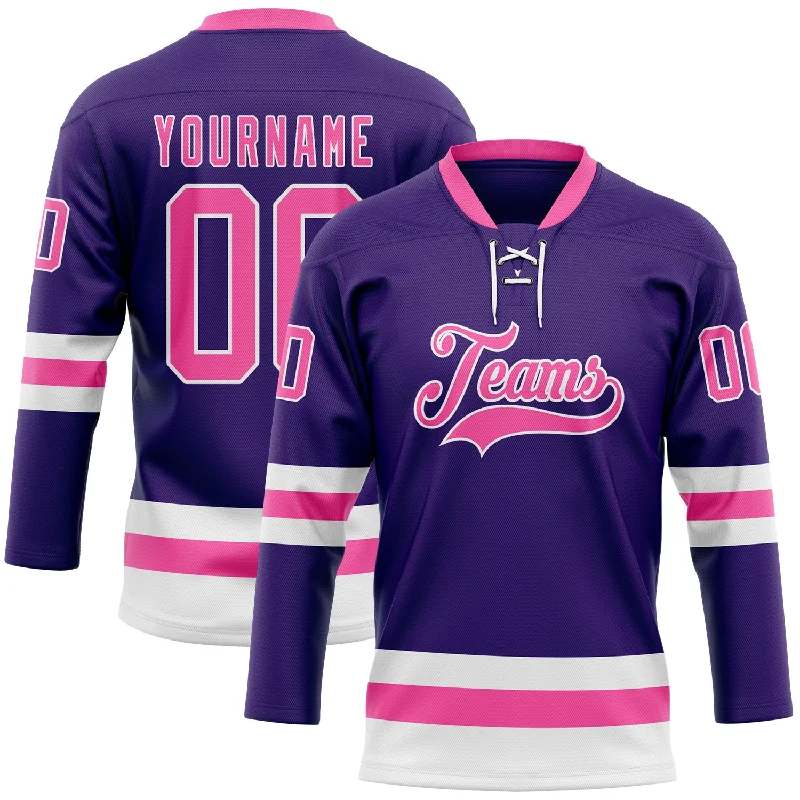 Vintage retro hockey jerseys for sale-Custom Purple Pink-White Hockey Lace Neck Jersey