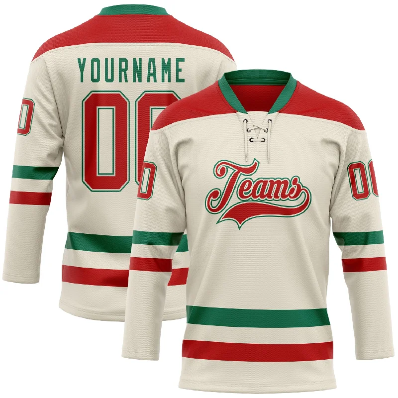 Soft fabric hockey jerseys for youth leagues-Custom Cream Red-Kelly Green Hockey Lace Neck Jersey